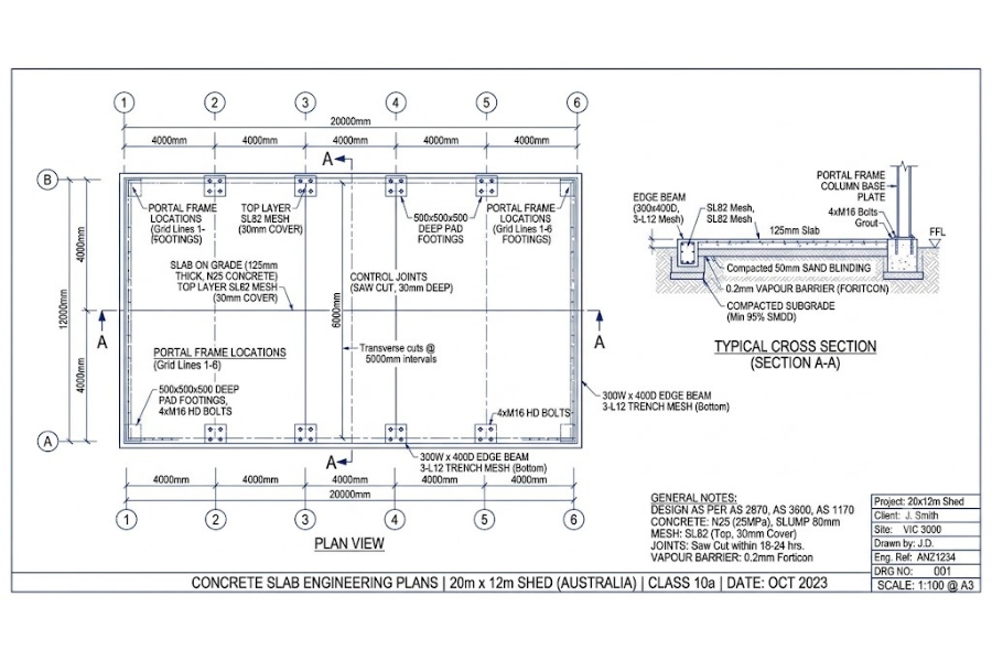 Example shed slab engineering plan showing footings and portal frame layout for a client to reference.