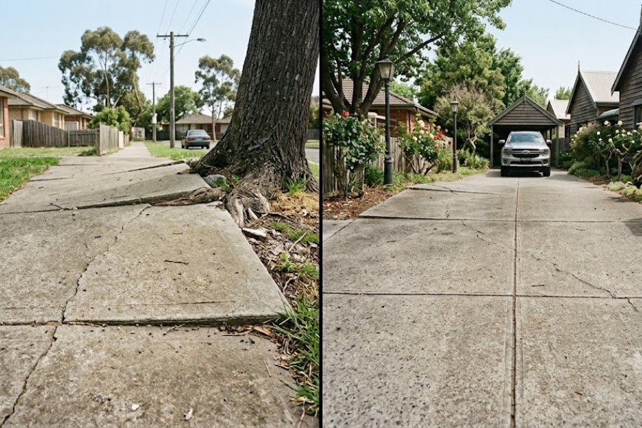 Tree root damaged footpath and driveway side by side, both cracked and lifted, ready for replacement, Bendigo.