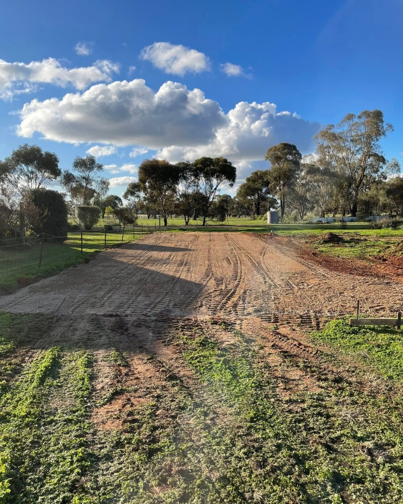 Graded pad ready for a shed slab pour on a rural block — the site prep behind the price, Bendigo region.