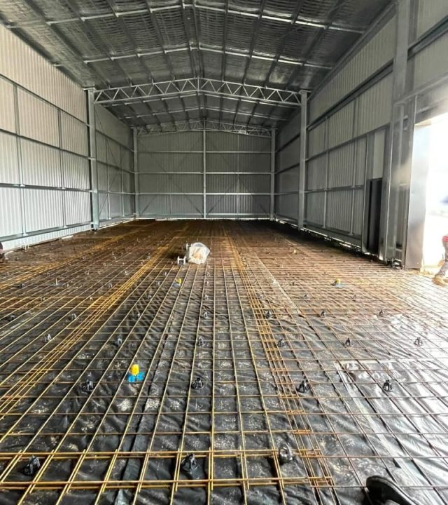 Steel reinforcing mesh laid over vapour barrier ready for a shed slab pour, Bendigo.